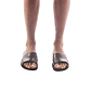 Model wearing Bashan brown, handmade leather slide sandals 