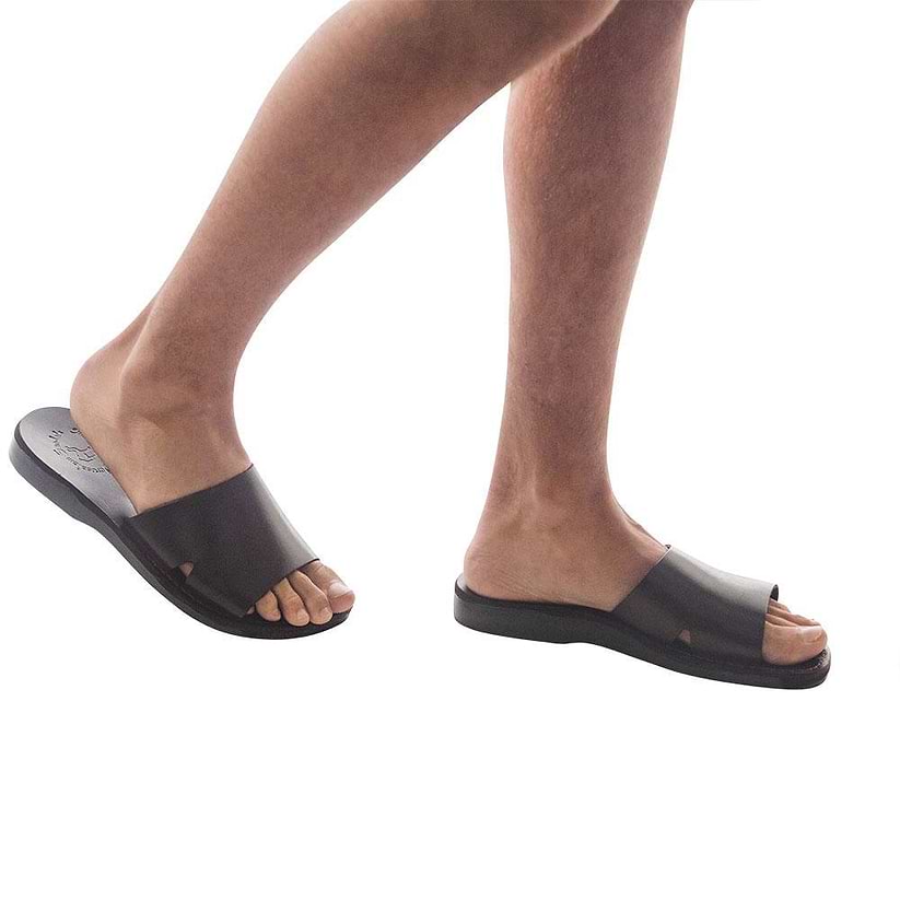 Model wearing Bashan brown, handmade leather slide sandals 