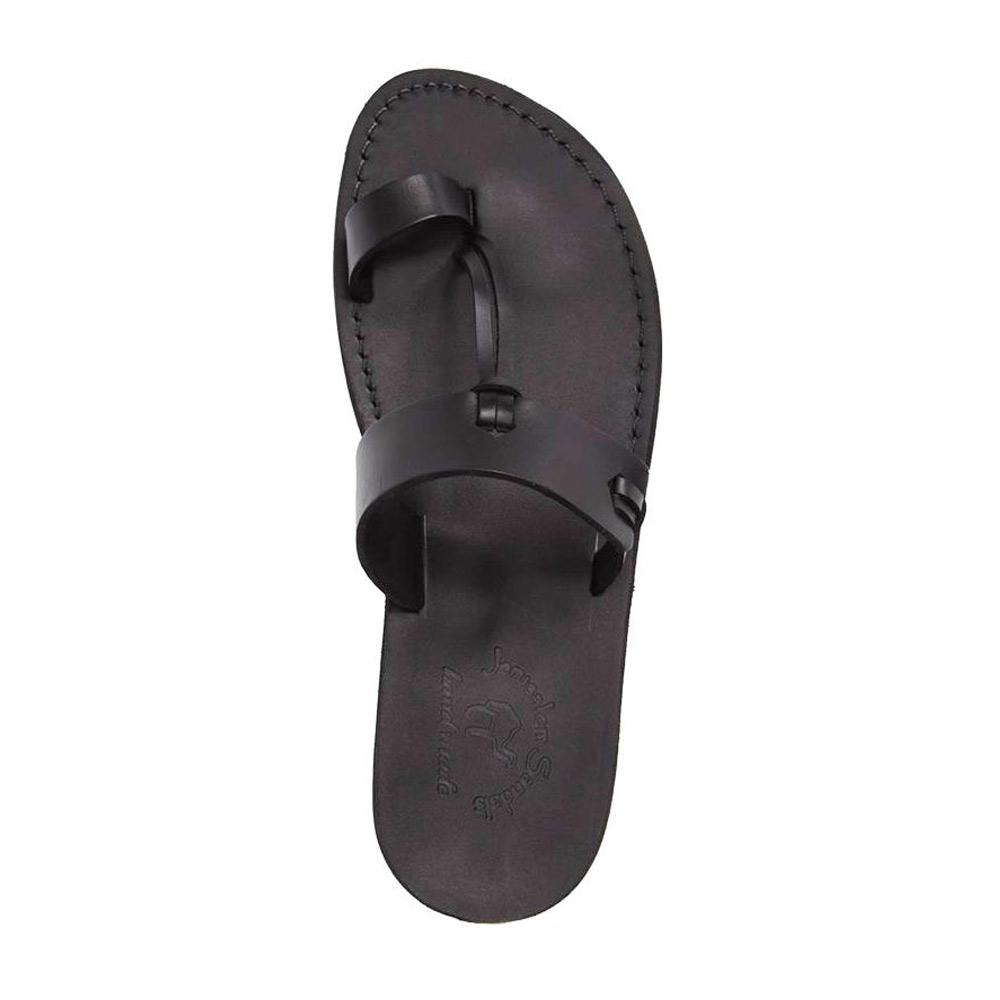 David black, handmade leather slide sandals with toe loop - Side View