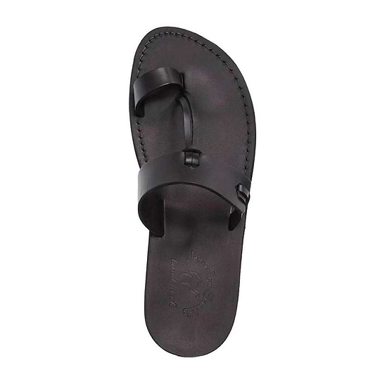 David black, handmade leather slide sandals with toe loop - Side View