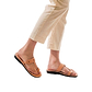 Model wearing David tan, handmade leather slide sandals with toe loop 
