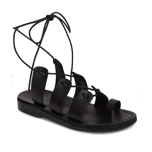 Deborah black, handmade leather sandals with back strap and toe loop - Front View