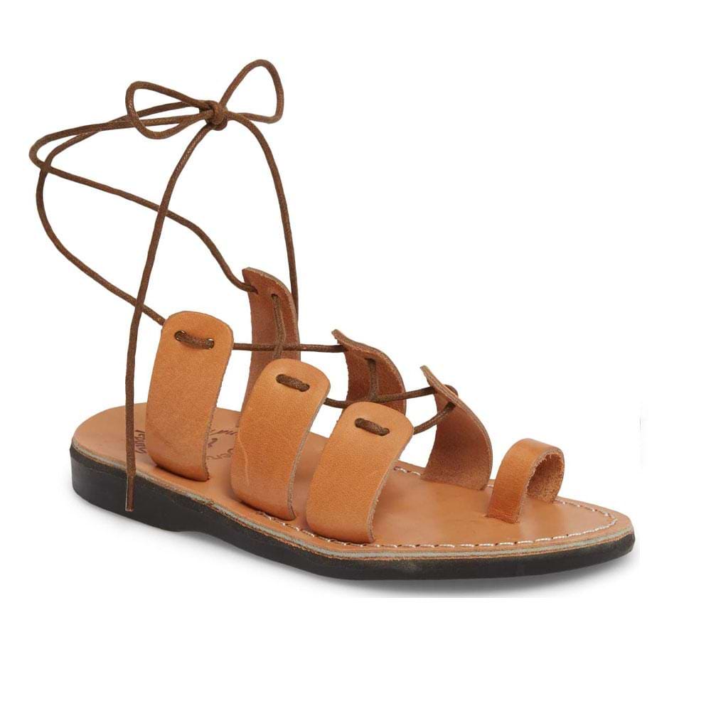 Deborah tan, handmade leather sandals with back strap and toe loop  - Front View