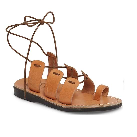 Deborah tan, handmade leather sandals with back strap and toe loop  - Front View