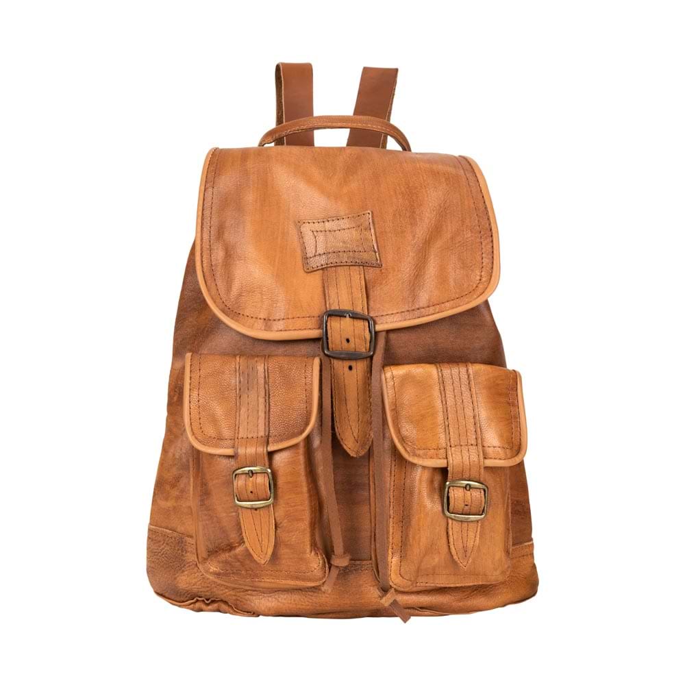 Front Pocket Backpack brown, handmade leather bag - Front View