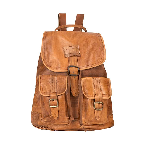 Front Pocket Backpack brown, handmade leather bag - Front View