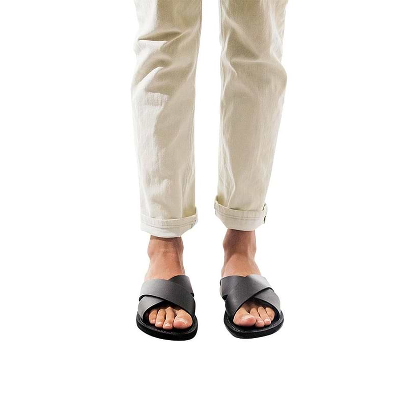Model wearing Elan black, handmade leather slide sandals