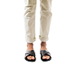 Model wearing Elan black, handmade leather slide sandals