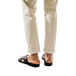 Model wearing Elan black, handmade leather slide sandals