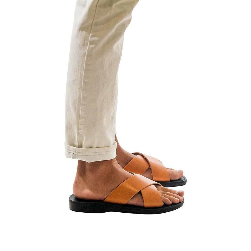 Model wearing Elan black-tan, handmade leather slide sandals