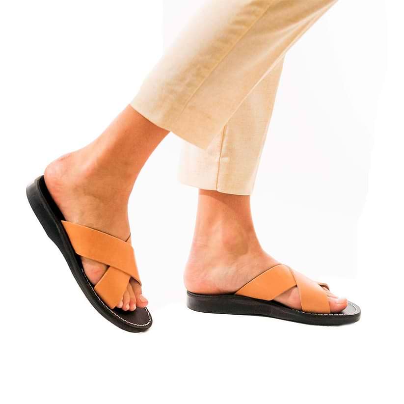 Model wearing Elan black tan, handmade leather slide sandals