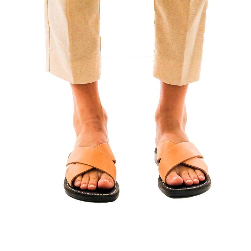 Model wearing Elan black tan, handmade leather slide sandals