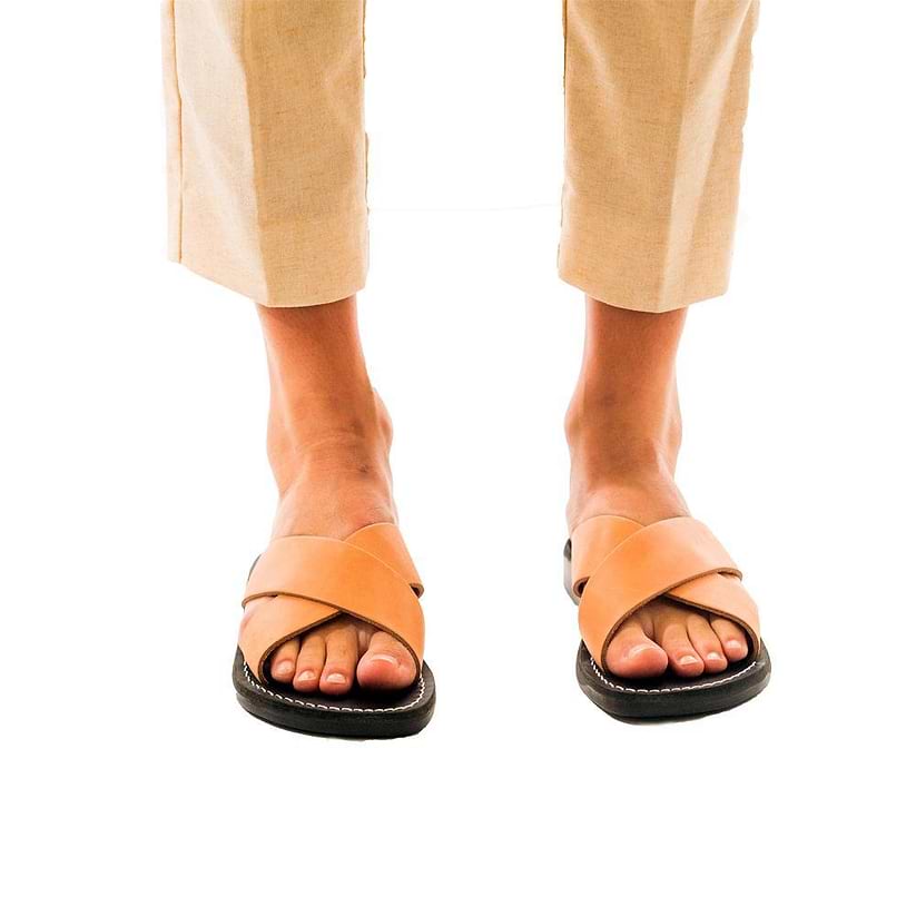 Model wearing Elan black tan, handmade leather slide sandals