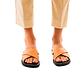 Model wearing Elan black tan, handmade leather slide sandals