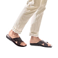 Model wearing Elan brown, handmade leather slide sandals