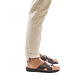 Model wearing Elan brown, handmade leather slide sandals