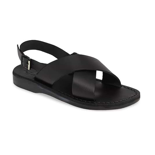 Elan Buckle black, handmade leather sandals with back strap - Front View