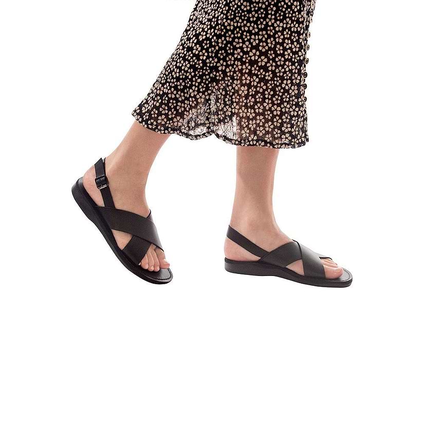 Model wearing Elan Buckle black, handmade leather sandals with back strap - Front View