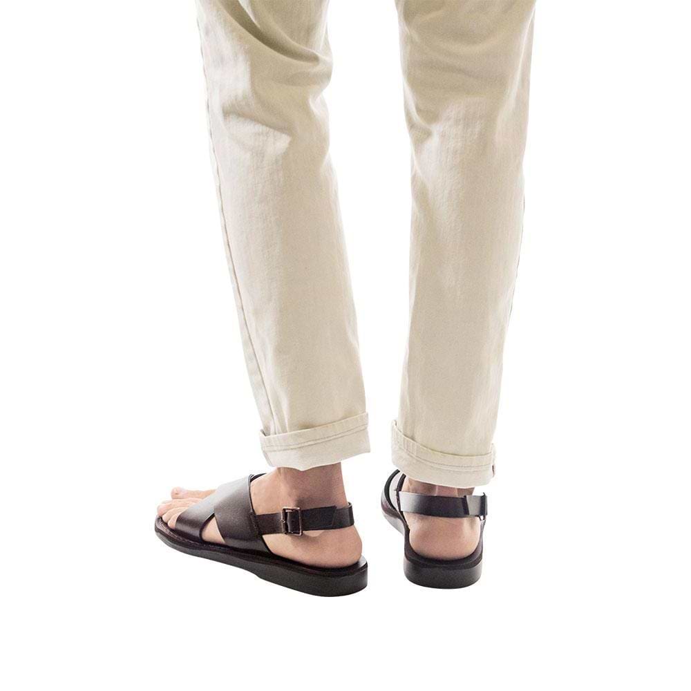 Model wearing Elan Buckle brown, handmade leather sandals with back strap - Front View