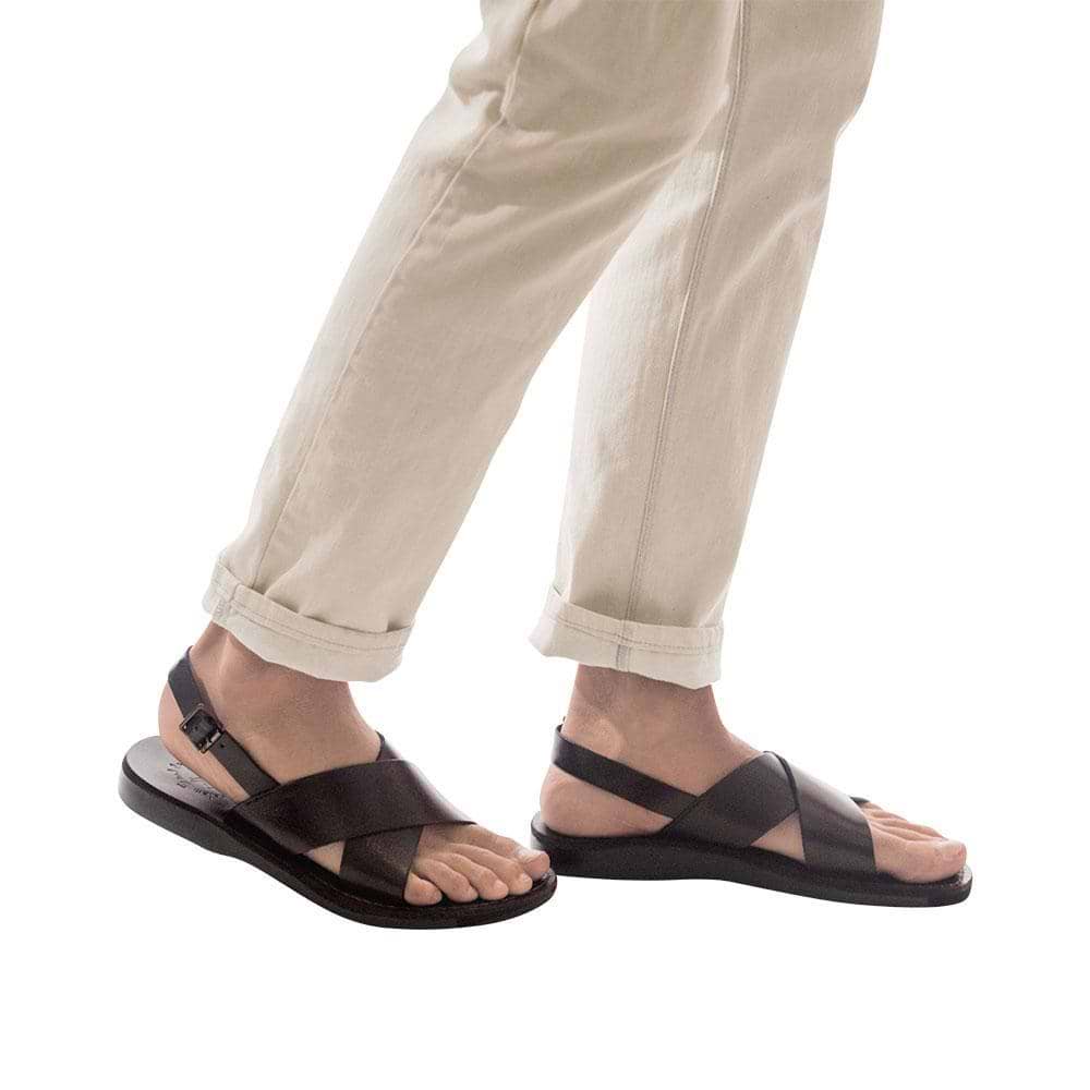 Model wearing Elan Buckle brown, handmade leather sandals with back strap - Front View
