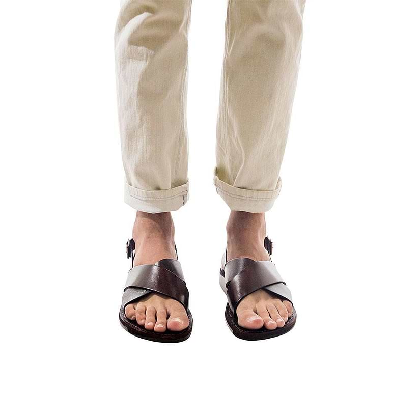 Model wearing Elan Buckle brown, handmade leather sandals with back strap - Front View