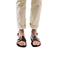 Model wearing Elan Buckle brown, handmade leather sandals with back strap - Front View