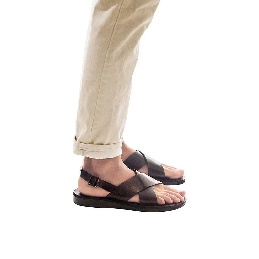 Model wearing Elan Buckle brown, handmade leather sandals with back strap - Front View