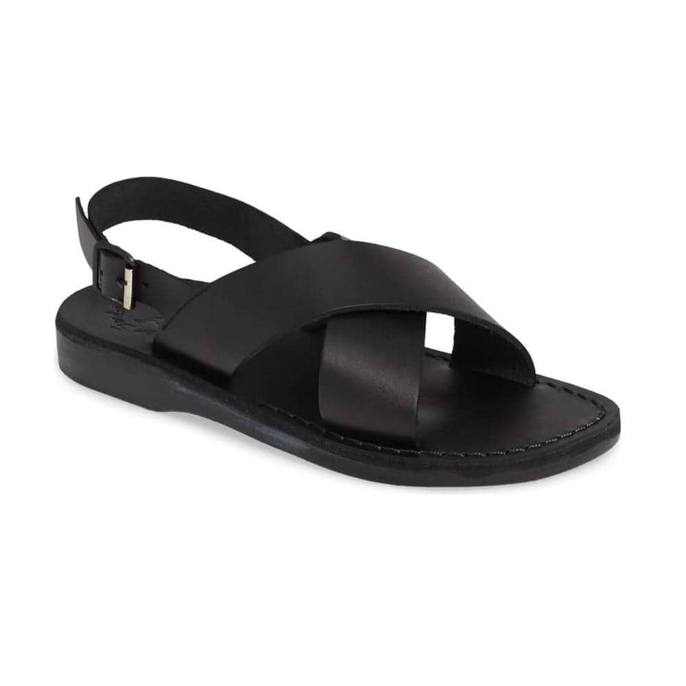 Elan Buckle black, handmade leather sandals with back strap - Front View