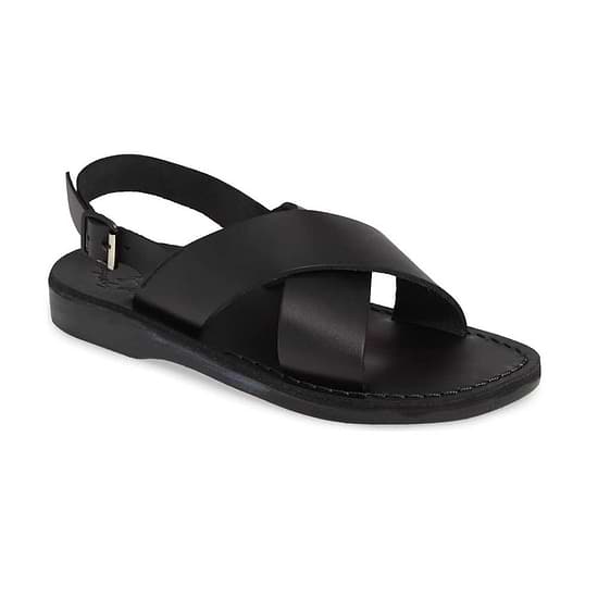 Elan Buckle black, handmade leather sandals with back strap - Front View