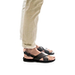 Model wearing Elan Buckle black, handmade leather sandals with back strap - Front View