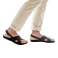Model wearing Elan Buckle black, handmade leather sandals with back strap - Front View