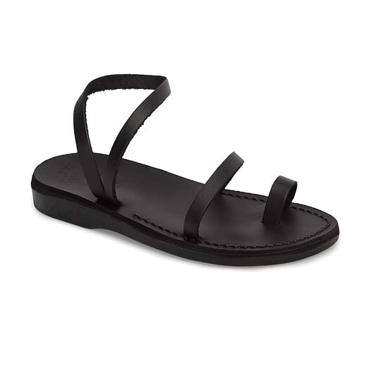 Ella black, handmade leather sandals with back strap and toe loop - Front View