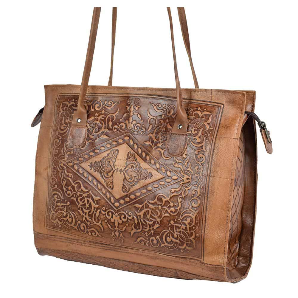 Embossed Leather Tote Handbag brown, handmade leather bag - Front View