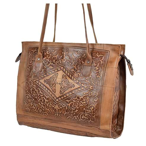 Embossed Leather Tote Handbag brown, handmade leather bag - Front View