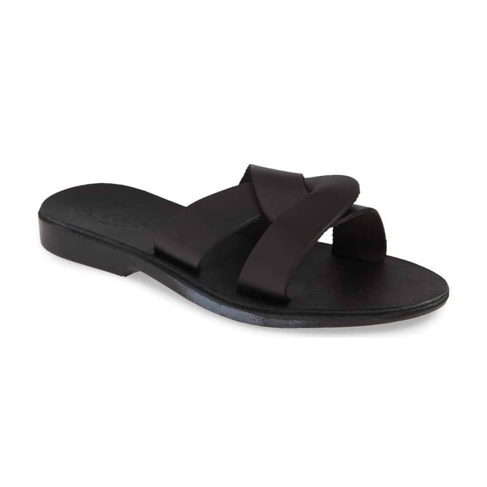 Emily Black, handmade leather slide sandals - Front View