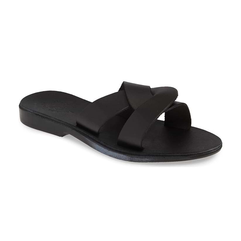 Emily Black, handmade leather slide sandals - Front View