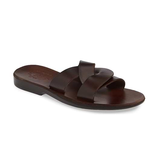 Emily brown, handmade leather slide sandals - Front View