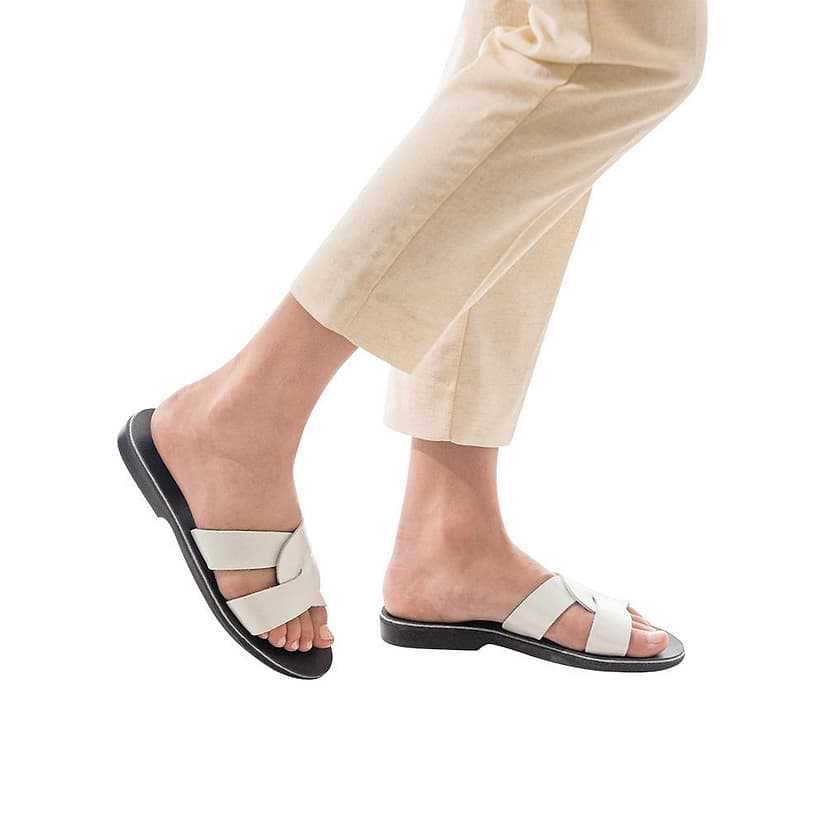Model wearing Emily silver, handmade leather slide sandals