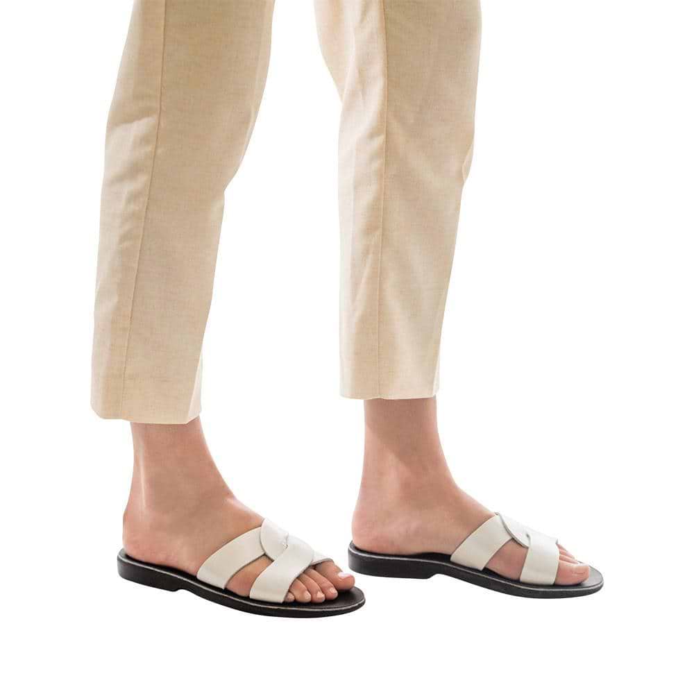 Model wearing Emily silver, handmade leather slide sandals
