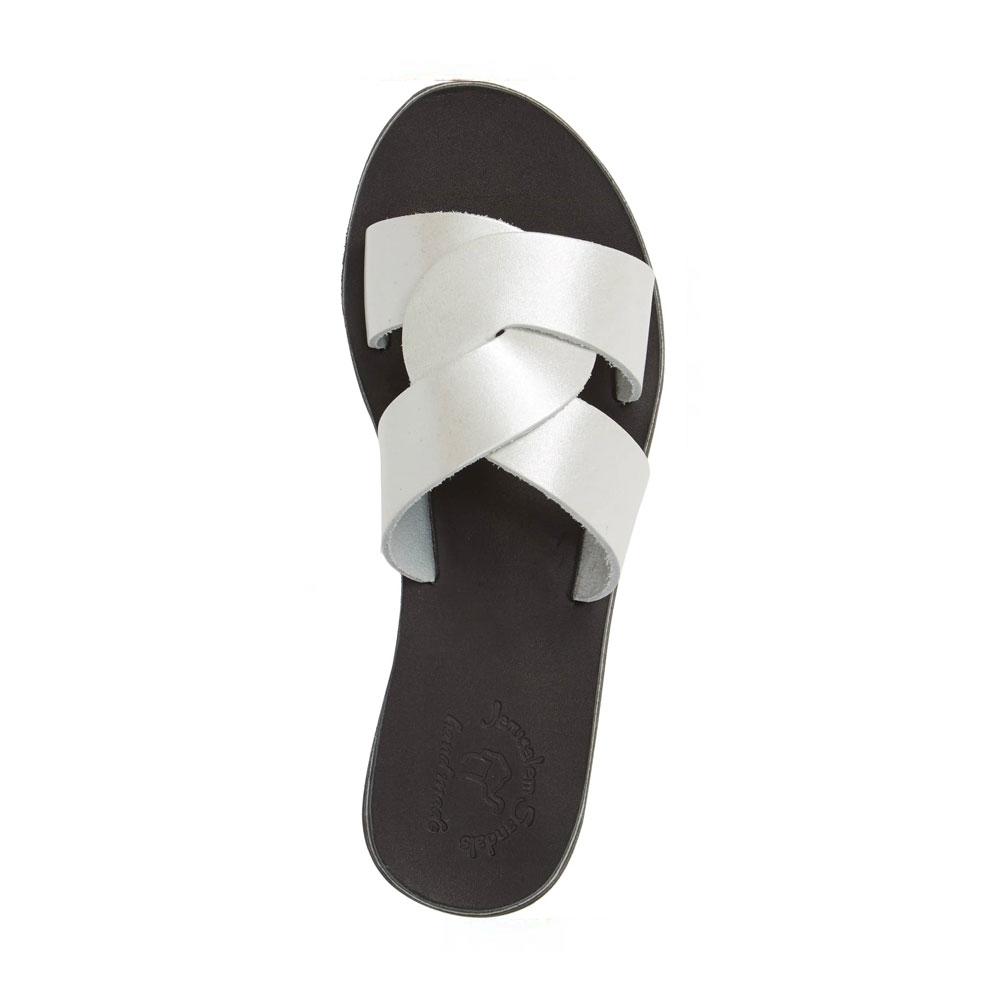 Emily silver, handmade leather slide sandals - Side View