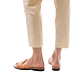 Model wearing Emily tan, handmade leather slide sandals