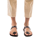 Model wearing Esther brown, handmade leather slide sandals 
