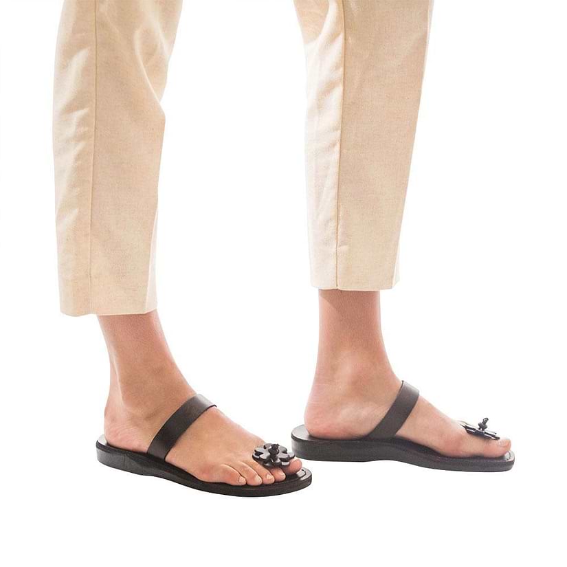 Model wearing Esther brown, handmade leather slide sandals 