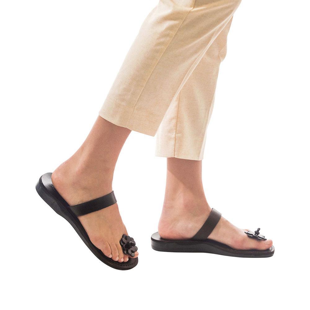 Model wearing Esther brown, handmade leather slide sandals 