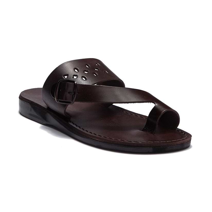 Ezra Brown, handmade leather slide sandals with toe loop - Front View