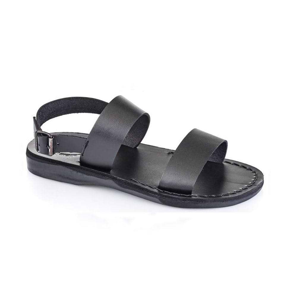 Golan black, handmade leather sandals with back strap - Front View