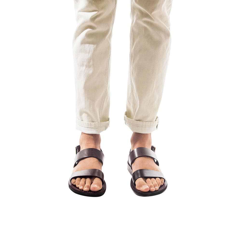 Model wearing Golan brown, handmade leather sandals with back strap 