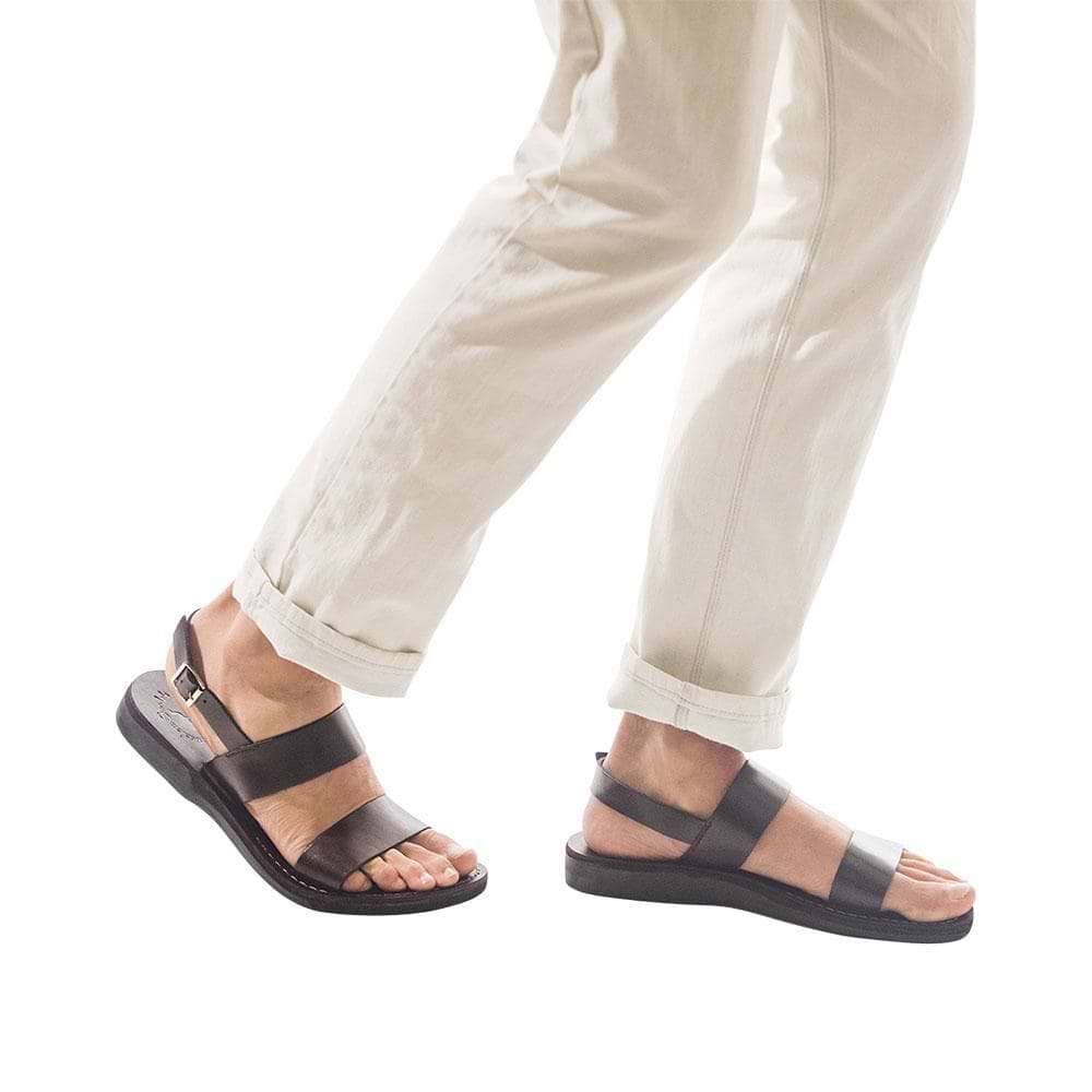 Model wearing Golan brown, handmade leather sandals with back strap