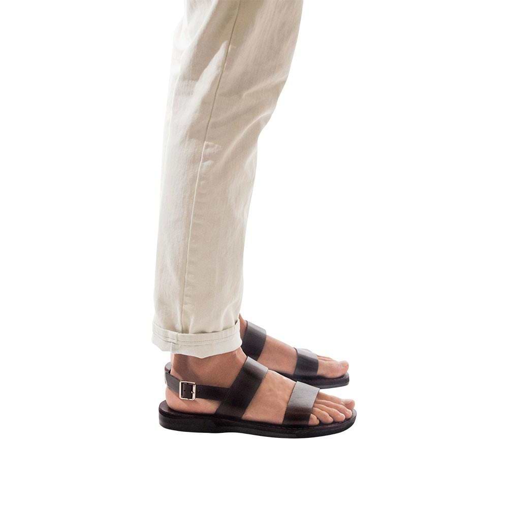 Model wearing Golan brown, handmade leather sandals with back strap 