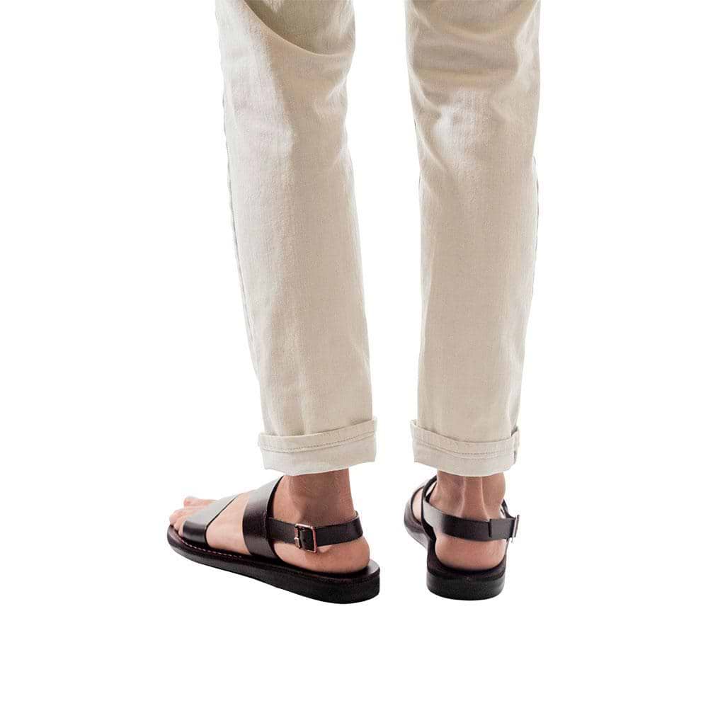 Model wearing Golan brown, handmade leather sandals with back strap 